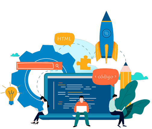ilustração com pessoas, foguete, programação e HTML.